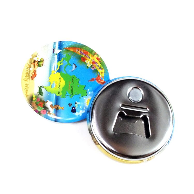 Promotional custom logo printing tinplate button pin sublimation blank metal tin 58mm bottle opener button badge with magnet