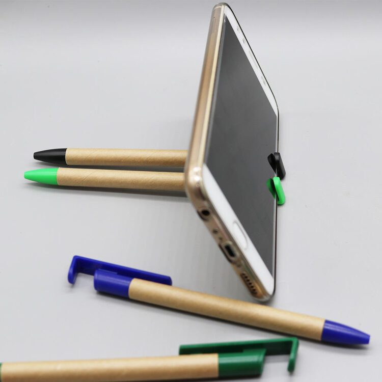 Custom 2 in 1 multi-functional eco-friendly degradable wheat straw paper barrel advertising ball pen with mobile phone stand