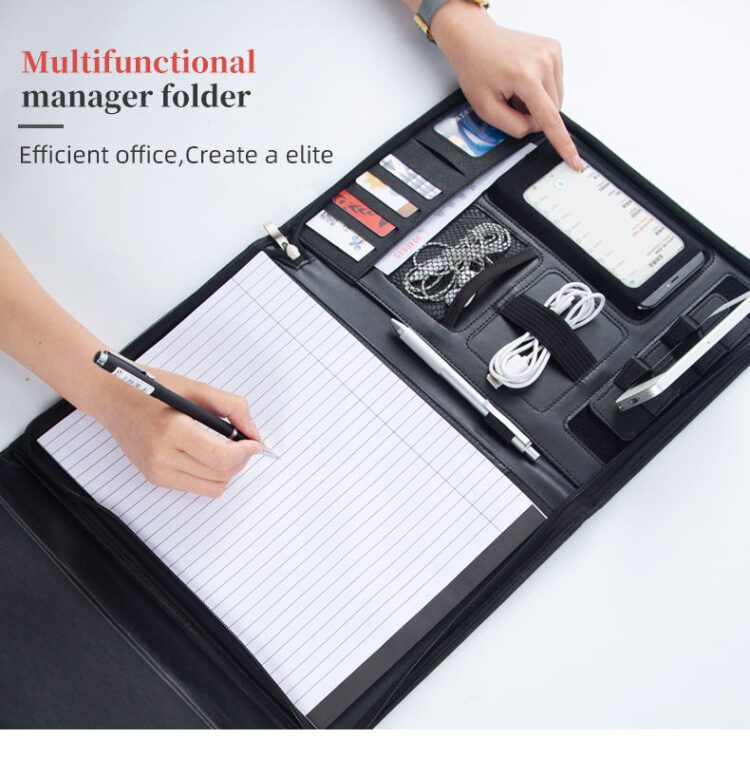 Wholesale custom business pu leather tri-fold envelope padfolio portfolio zipper document file folder with password lock