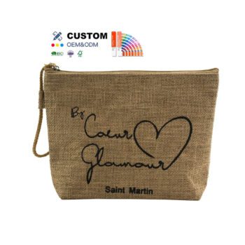 Custom jute makeup pouch large capacity women girl heart letter pattern design sublimation linen cosmetic bag for travel daylife