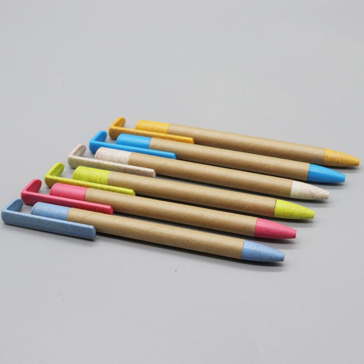 Custom 2 in 1 multi-functional eco-friendly degradable wheat straw paper barrel advertising ball pen with mobile phone stand