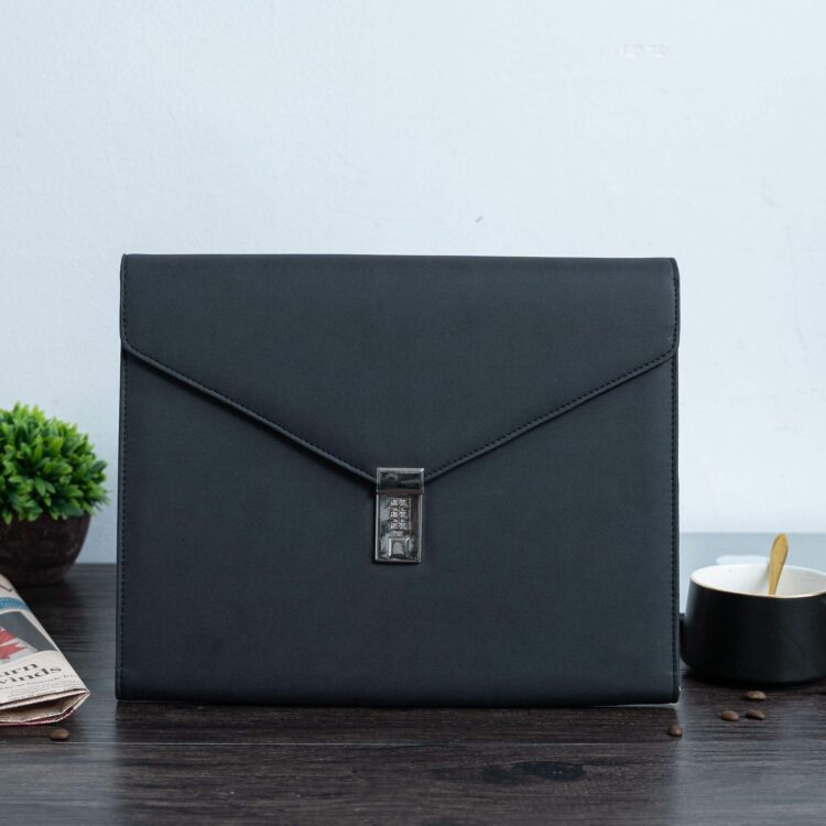 Wholesale custom business pu leather tri-fold envelope padfolio portfolio zipper document file folder with password lock