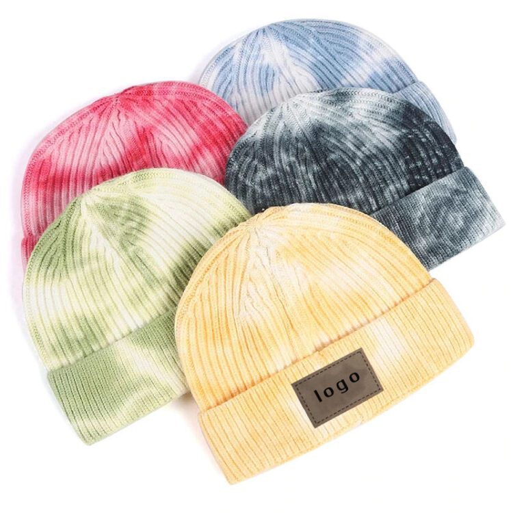 Tie dye warm knitted brimless hat men beanies logo custom winter autumn hip hop skullcap beanie unisex