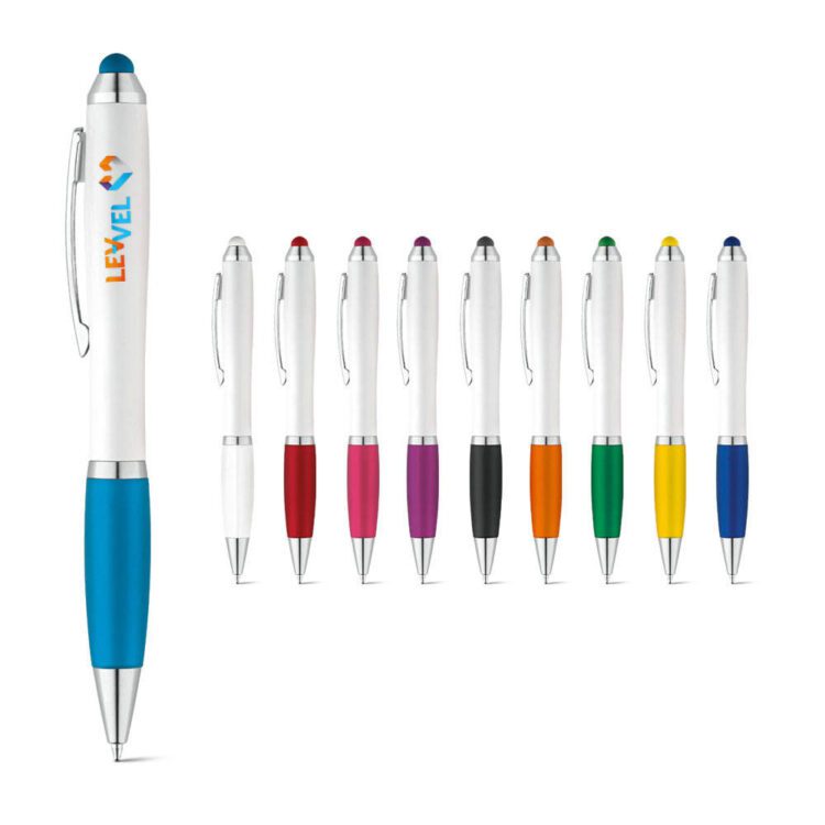 White barrel twist action mobile stylus touch screen promotional ball ballpoint pen with logo and matching grip colored stylus