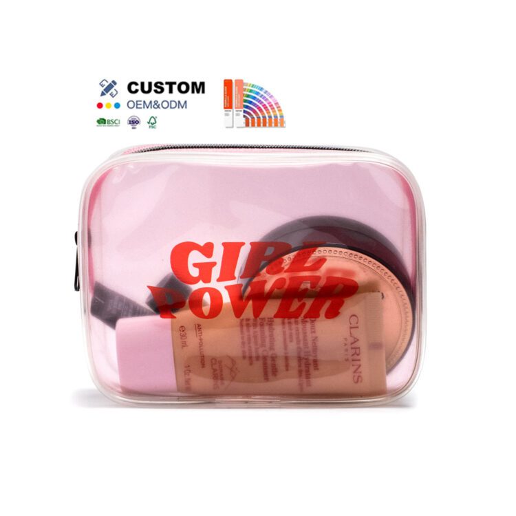 Hot sale pink pvc makeup bag letter pattern portable waterproof transparent wash toiletry travel cosmetic bag with custom logo