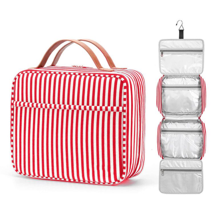 Hanging toiletry bag large capacity makeup 4 compartments 1 sturdy hook striped cosmetic bag for travel