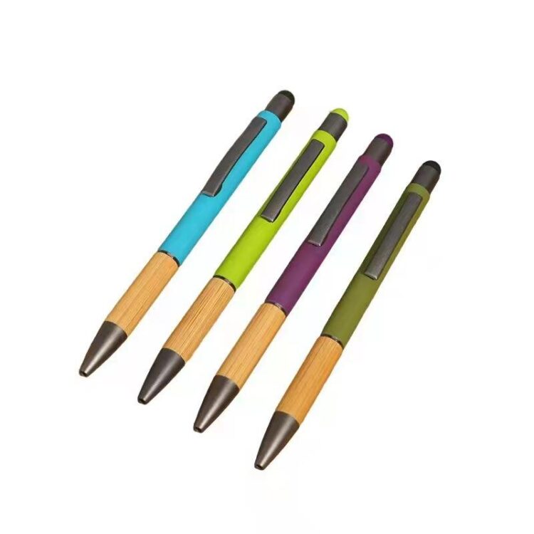 Customized softy rubberized stylus metal aluminium ball pen with bamboo cork grip-personalized custom laser logo metal ball pen