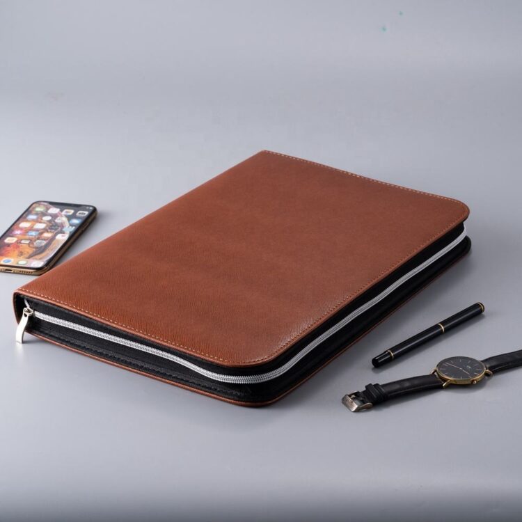 Brown blue custom 4 ring binder pu leather a4 padfolio with calculator multifunction zipper closure black business portfolio