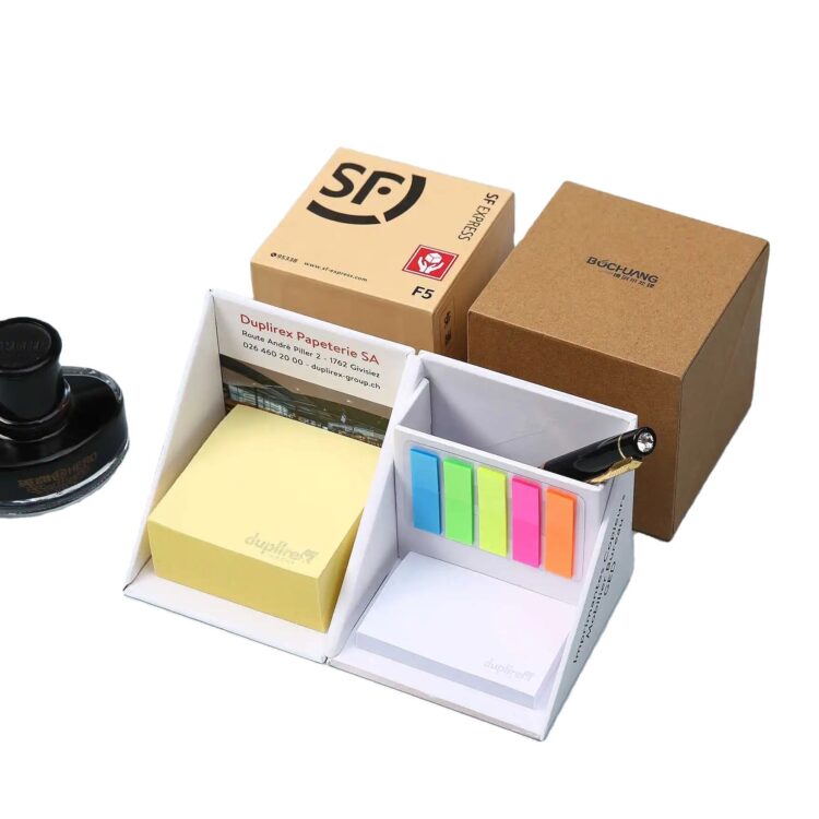 Promotional custom logo desktop paper block memo pad cube sticky notes pad with pen holder