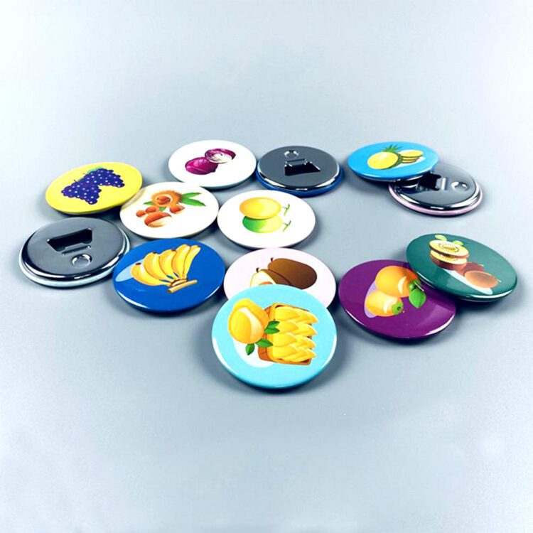 Promotional custom logo printing tinplate button pin sublimation blank metal tin 58mm bottle opener button badge with magnet