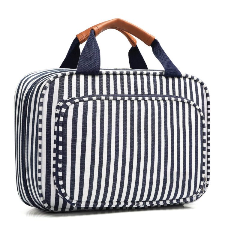 Hanging toiletry bag large capacity makeup 4 compartments 1 sturdy hook striped cosmetic bag for travel