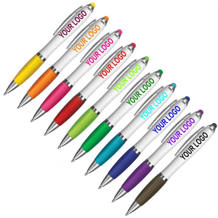 White barrel twist action mobile stylus touch screen promotional ball ballpoint pen with logo and matching grip colored stylus