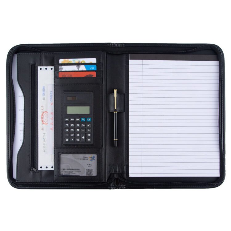 Custom promotional gifts business stationery briefcase leather a4 for documents folder portafolio with calculator