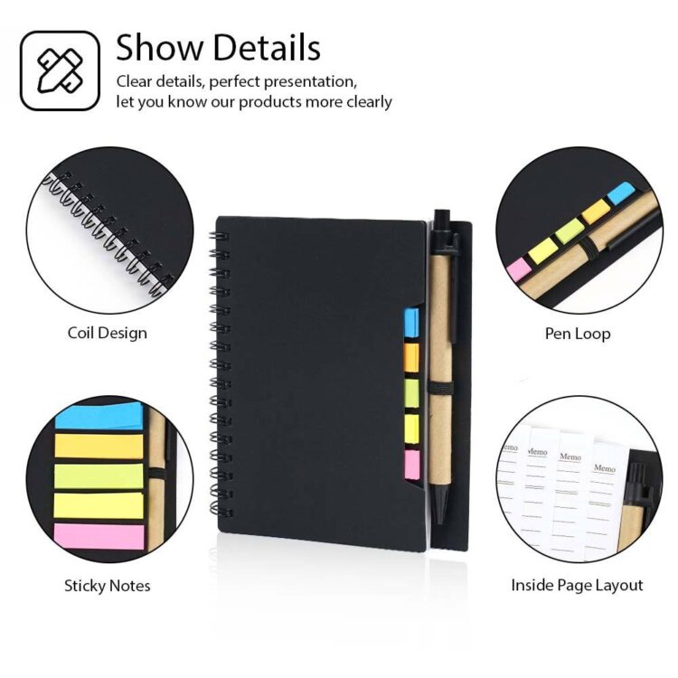 Factory made removable adhesive sticky note pu spiral notebook with pen