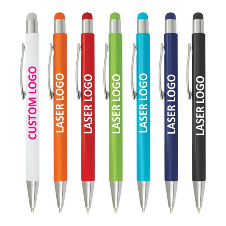 Softy rubberized finish white color mirror finishing metal aluminium ball pen with stylus