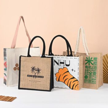 Large capacity custom logo shopping bag colorful jute handbag custom art hand carrying fashion retro tote bag