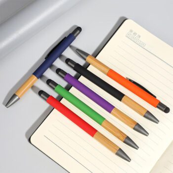 Customized softy rubberized stylus metal aluminium ball pen with bamboo cork grip-personalized custom laser logo metal ball pen