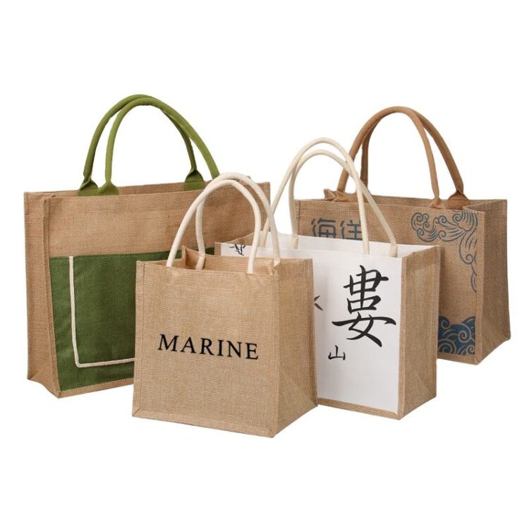 Fashion custom logo printing women's linen handbag reusable travel handle gift shopping product tote jute bag