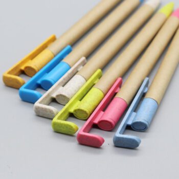 Custom 2 in 1 multi-functional eco-friendly degradable wheat straw paper barrel advertising ball pen with mobile phone stand