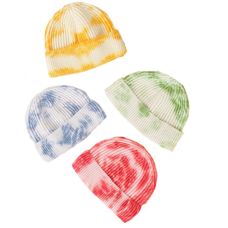 Tie dye warm knitted brimless hat men beanies logo custom winter autumn hip hop skullcap beanie unisex