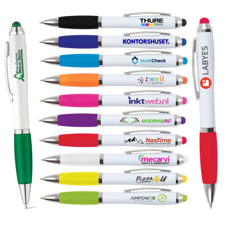 White barrel twist action mobile stylus touch screen promotional ball ballpoint pen with logo and matching grip colored stylus