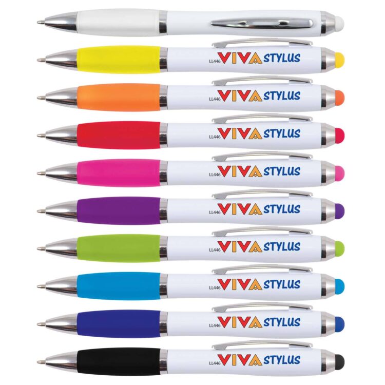 White barrel twist action mobile stylus touch screen promotional ball ballpoint pen with logo and matching grip colored stylus