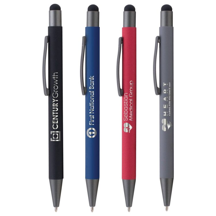 Softy rubberized finish white color mirror finishing metal aluminium ball pen with stylus