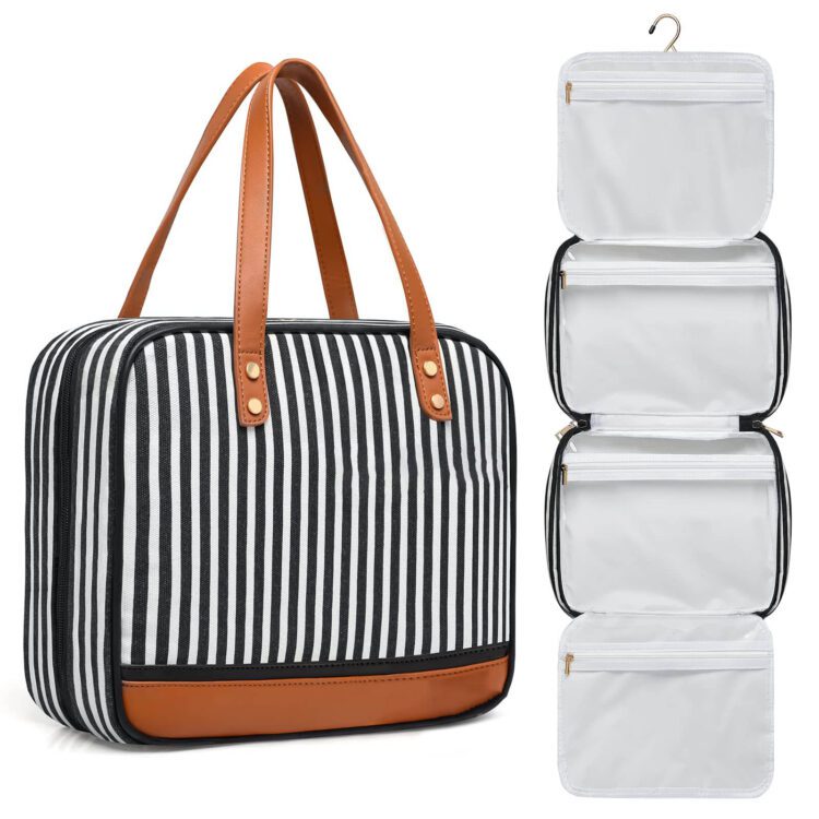 Hanging toiletry bag large capacity makeup 4 compartments 1 sturdy hook striped cosmetic bag for travel