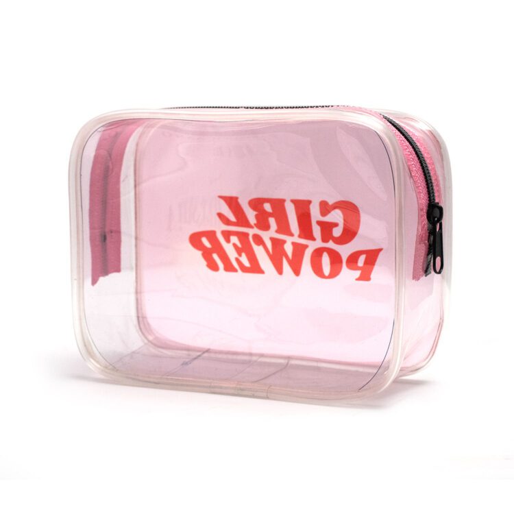 Hot sale pink pvc makeup bag letter pattern portable waterproof transparent wash toiletry travel cosmetic bag with custom logo