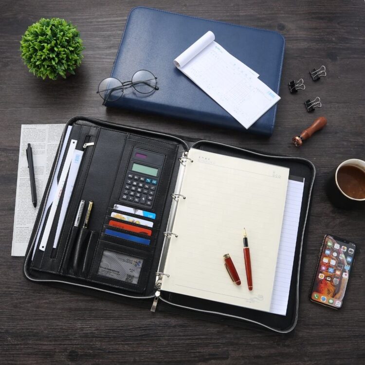 Brown blue custom 4 ring binder pu leather a4 padfolio with calculator multifunction zipper closure black business portfolio