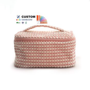 Custom soft plush cosmetic bag women tarvel plaid toiletry bag fashion zipper hand makeup bag for travel women brush pouch