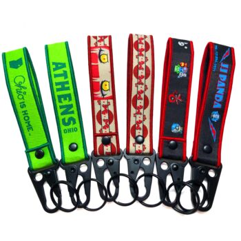 Custom motorcycle eagle mouth keychain straps cloth sticking woven label embroidery ribbon polyester lanyard airplane keychain