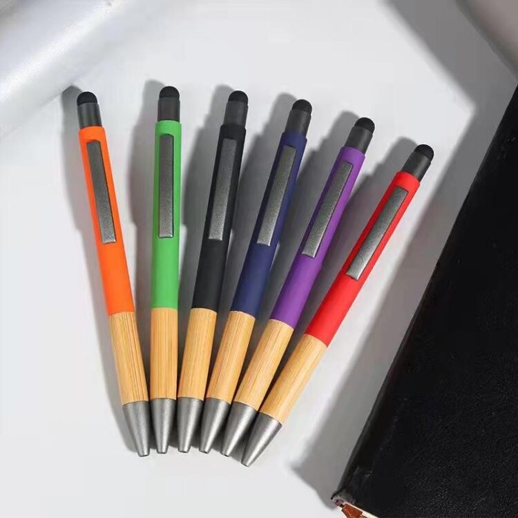 Customized softy rubberized stylus metal aluminium ball pen with bamboo cork grip-personalized custom laser logo metal ball pen
