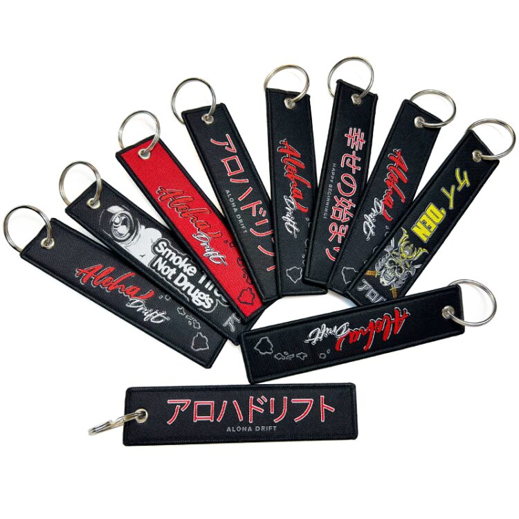 Customized logo fabric woven both sides airplane airline jet tag embroidery key ring double sided custom embroidered keychain