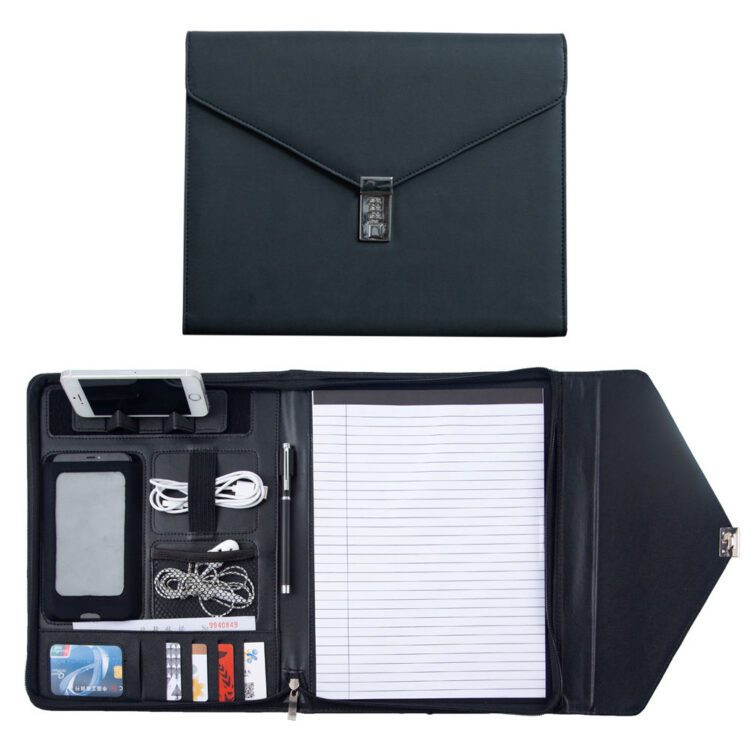 Wholesale custom business pu leather tri-fold envelope padfolio portfolio zipper document file folder with password lock