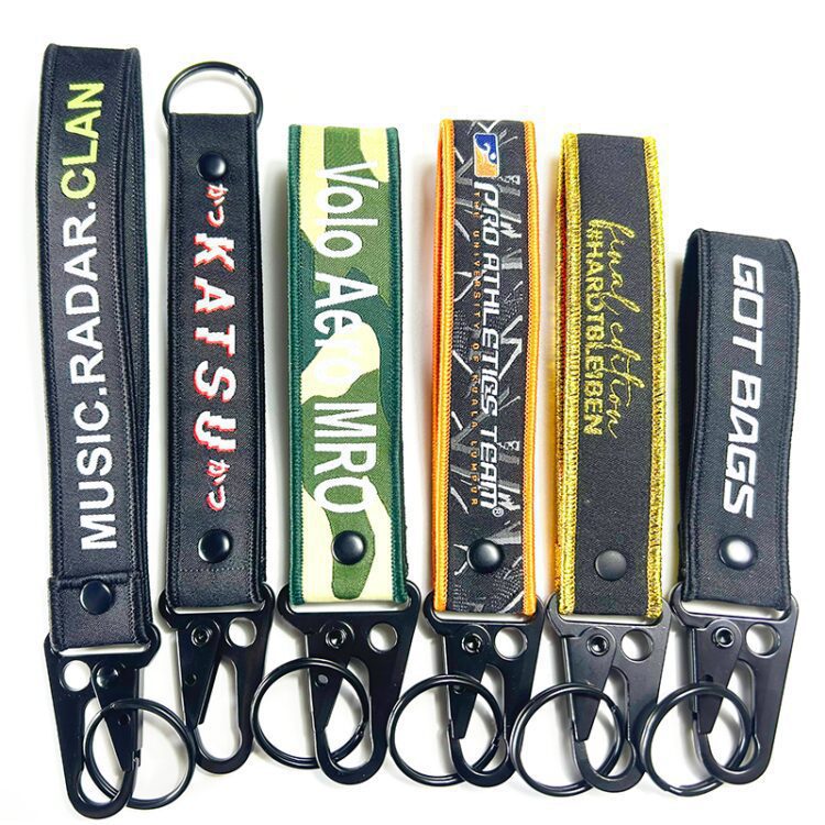 Custom embroidery woven fabric key tag both sided logo car lanyards key chain fabric strap keychain