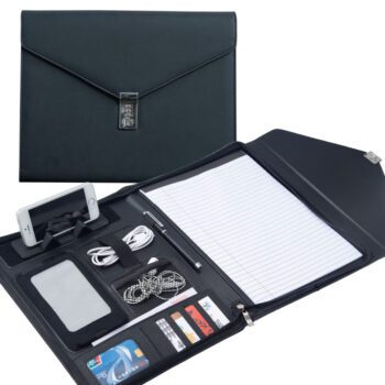 Wholesale custom business pu leather tri-fold envelope padfolio portfolio zipper document file folder with password lock