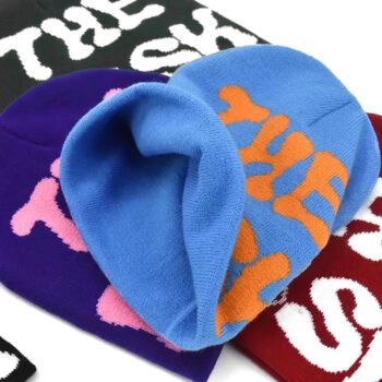 Custom logo fashion all over print designer y2k winter acrylic letter crochet jacquard knitted beanie hat