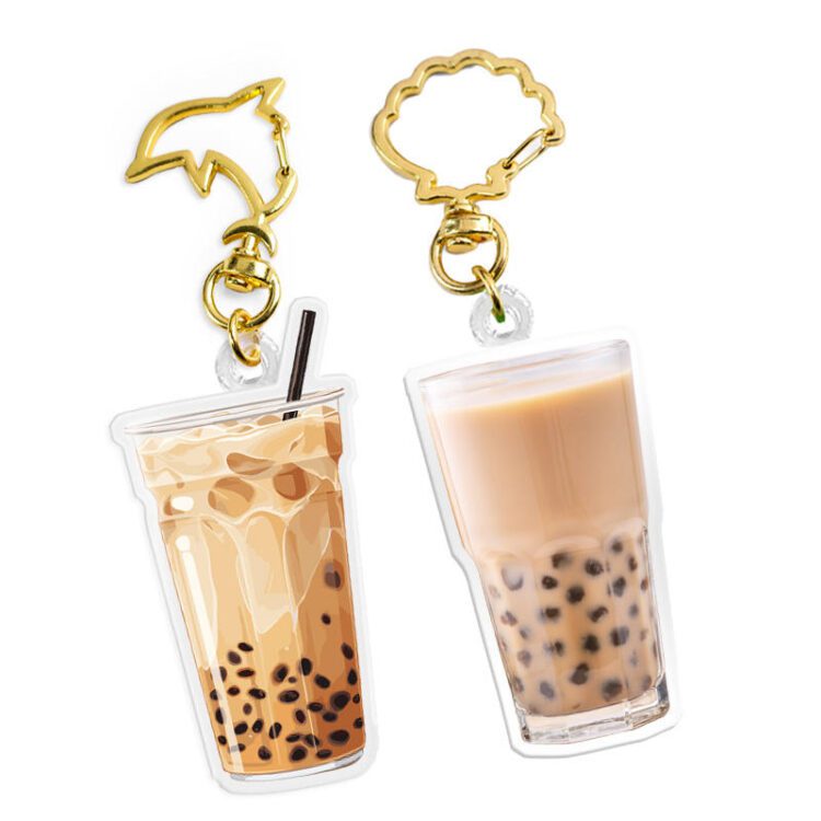 Custom double sided printed acrylic charm clear epoxy acrylic boba milk tea cup keychain