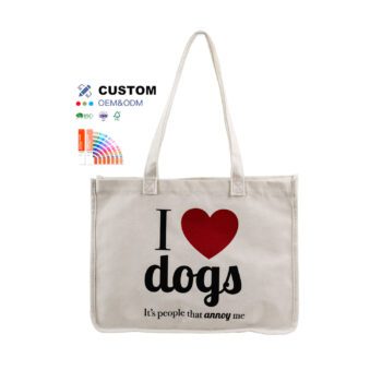 Custom shopping bags logo printed i love dog letter pattern round corner design women canvas reusable custom tote bag with logo