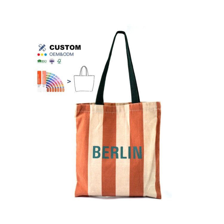 Popular ladies shoulder cotton tote bag casual fashion letter pattern sublimation vertical striped canvas bag for shopping beach