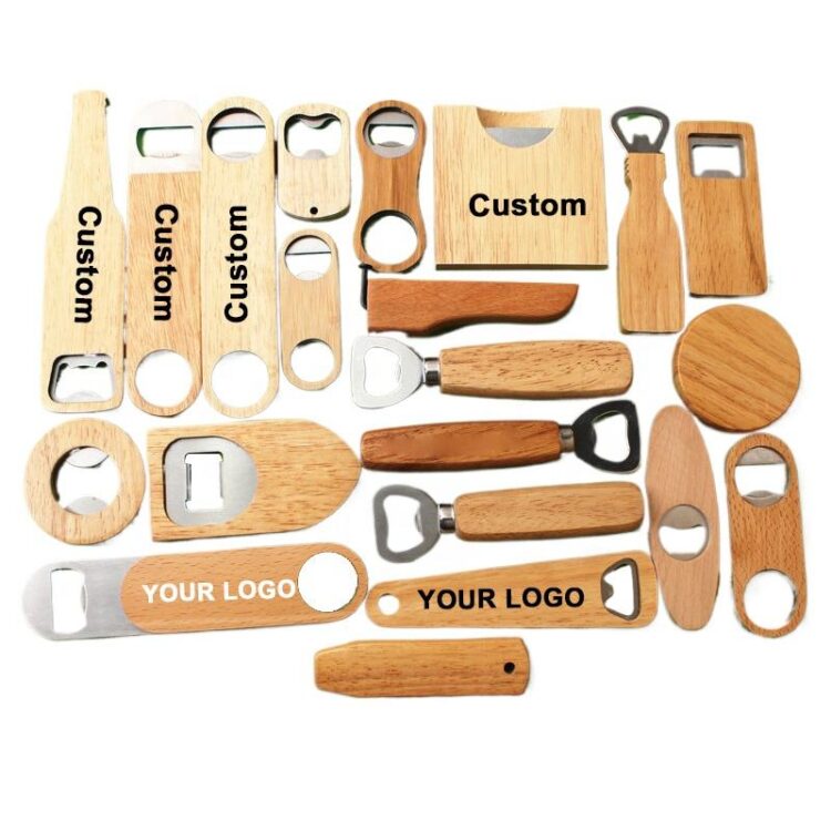 Customizable logo wood opener keychain for bar corkscrew party promotion gift advertise custom wooden beer bottle opener