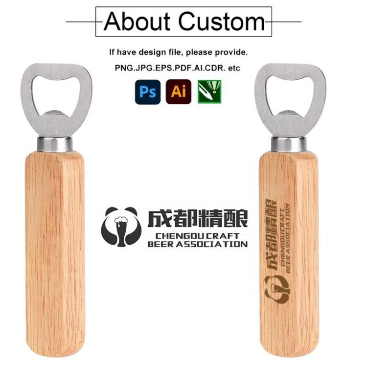 Customizable logo wood opener keychain for bar corkscrew party promotion gift advertise custom wooden beer bottle opener