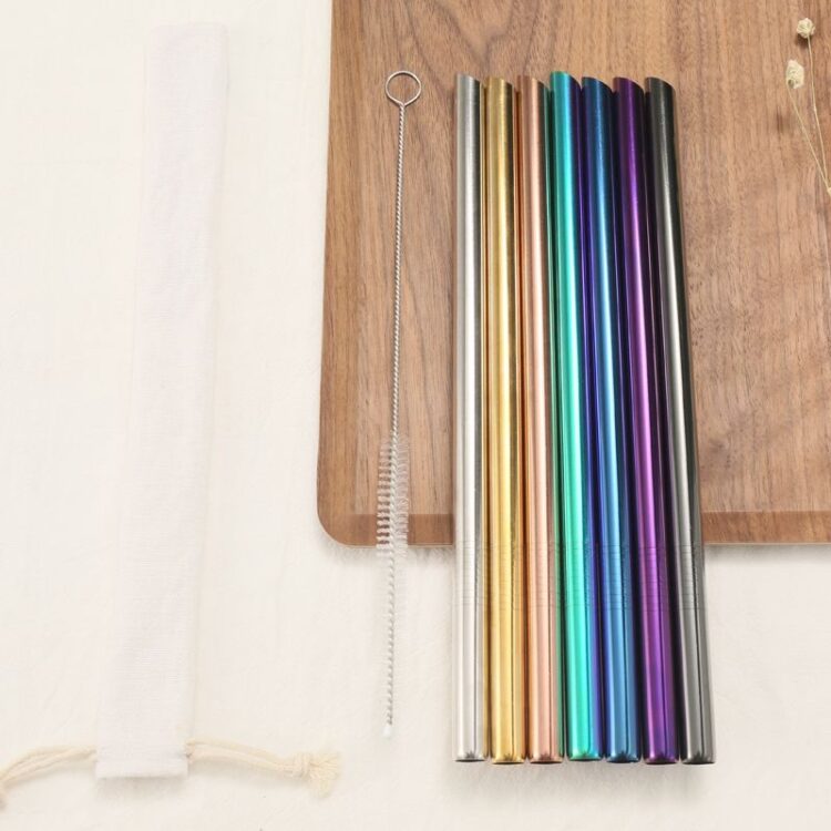 Eco-friendly reusable oblique incisions metal drinking straws colorful sharp tip bubble tea straw stainless steel with pouch