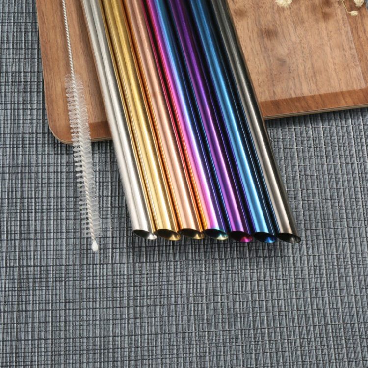 Eco-friendly reusable oblique incisions metal drinking straws colorful sharp tip bubble tea straw stainless steel with pouch