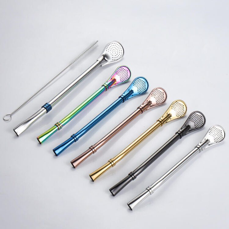 Wholesale bombilla filter spoon custom logo colorful stainless steel yerba mate straw