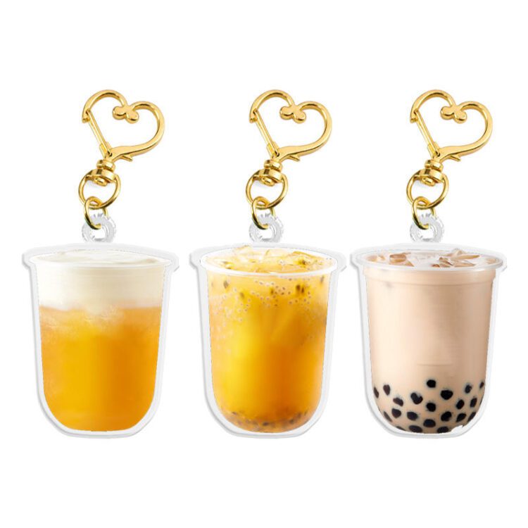 Custom double sided printed acrylic charm clear epoxy acrylic boba milk tea cup keychain