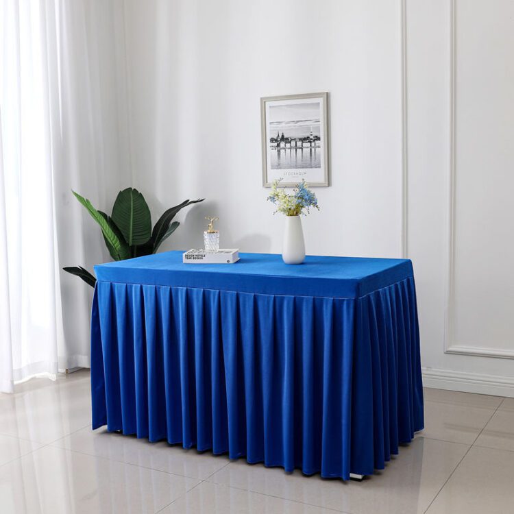 Cheap 100% polyester full pleated colors hotel table skirt with table cloth table cover wedding party banquet decoration