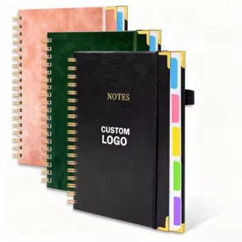 A5 custom printing debossed logo 80°lay flat 5 subject hardcover spiral notebook journal with dividers tabs