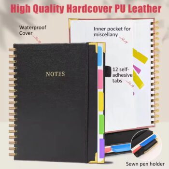 A5 custom printing debossed logo 80°lay flat 5 subject hardcover spiral notebook journal with dividers tabs